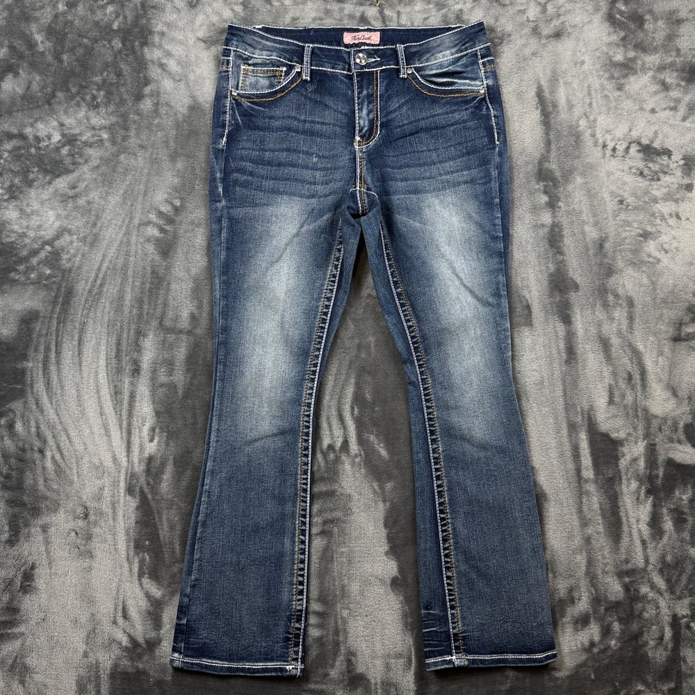 True Luck Bootcut Jeans Womens 11/12 Blue Sequin Thick Stitch Dark Wash